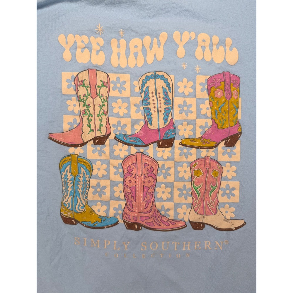 Simply Southern Yee Haw Yall Cowboy Boots Graphic T-Shirt Light Blue XL